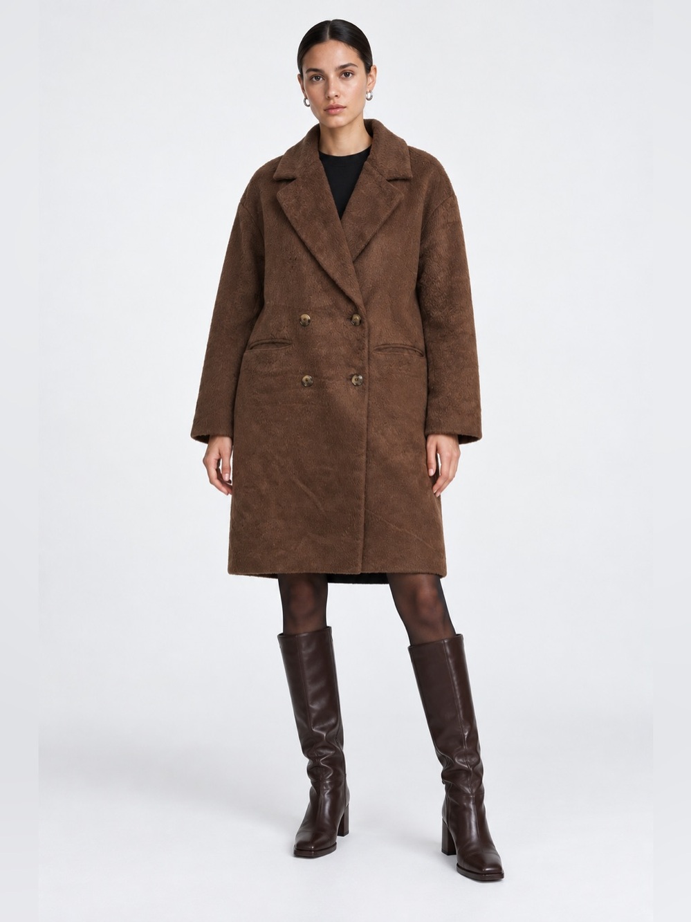 OAK + FORT Faux Fur Wool Blend Double-Breasted Long Coat Brown Size XS Like New